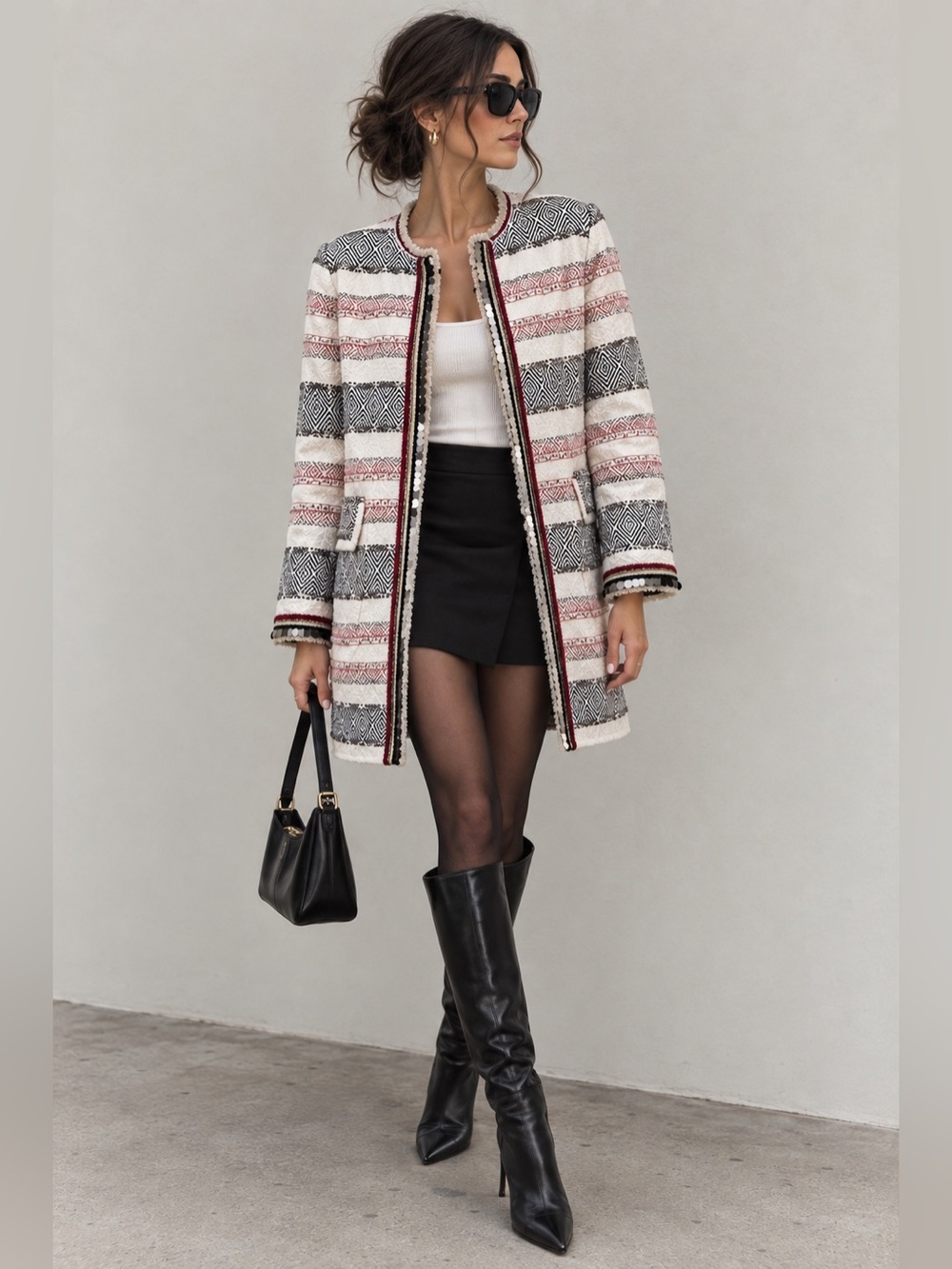 Zara Beaded Striped Jacquard Long Coat Bloggers Favorite
